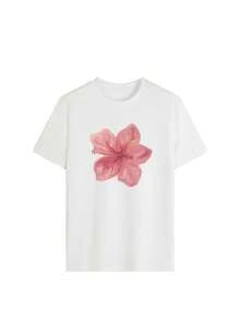 White Acid Wash Hibiscus Print Loose Round Neck T-Shirt For Women, Suitable For Summer Beach Vacation Casual - White - View 5