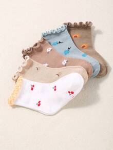5/10 paires de chaussettes à volants de couleur aléatoire pour bébés filles, chaussettes imprimées de fleurs, cerises et kiwis, chaussettes essentielles d'été, cadeaux de fête pour bébés et enfants - Multicolore - Voir 5