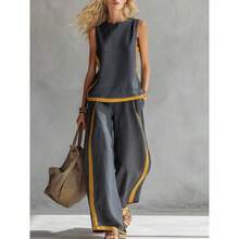 2026 New Sleeveless Contrasting Color Wide-Leg Pants Set Women's Summer Casual Fashion Two-Piece Set - Navy Blue - View 2