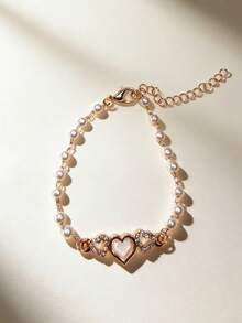 1 件时尚高端优雅简约精致百搭心形水钻和人造珍珠链手链，适合女性日常佩戴和作为礼物 - 玫瑰金 - 查看 2