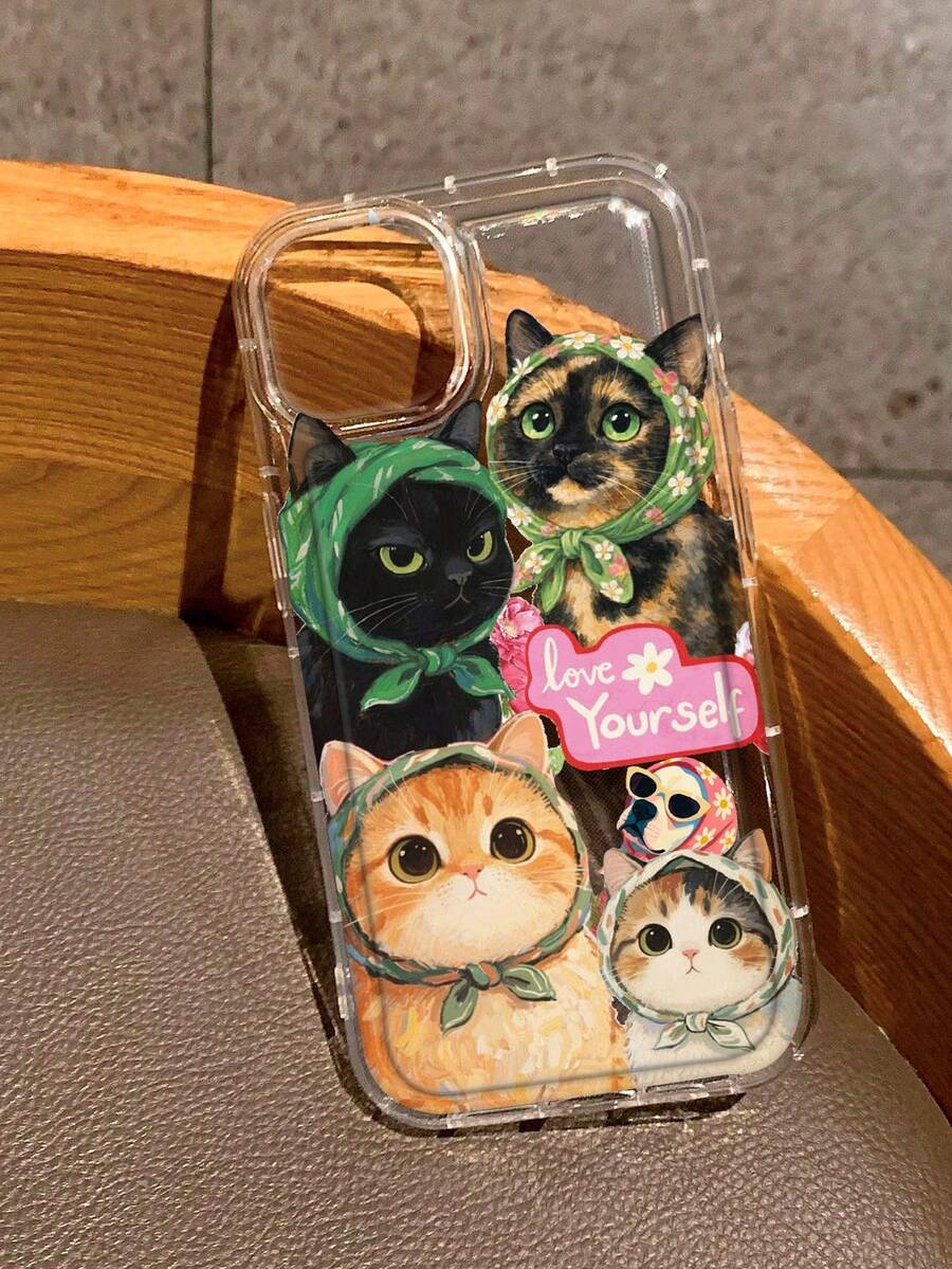 透明爱心图案猫咪印花全包防震防摔TPU软胶手机壳，兼容 13/15/16/17和三星Galaxy A54/S24 - 彩色 - 查看 1