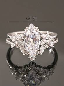 Bộ 2 chiếc nhẫn sang trọng bằng đồng khảm đá Cubic Zirconia hình mắt ngựa, gồm nhẫn chính và nhẫn phụ, thích hợp để đeo hàng ngày, dự tiệc hoặc đám cưới. - Nhiều màu - Xem 10