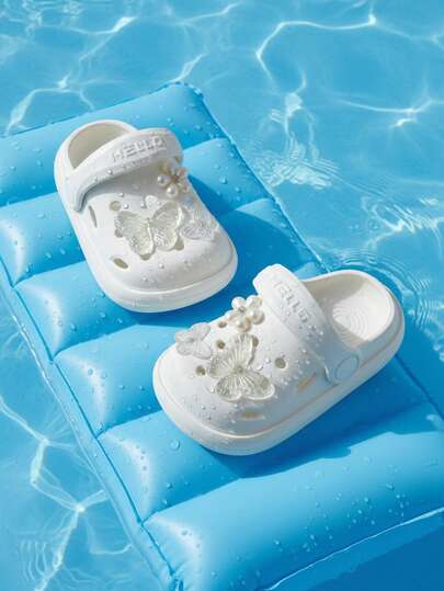 HAHABOBO 1双时尚新款女童夏季拖鞋，EVA材质，饰以3D珍珠和蝴蝶，轻盈柔软，闭趾设计，适合室内外穿着，是上学、游泳池、派对、海滩、圣诞节、旅行等场合的理想之选。