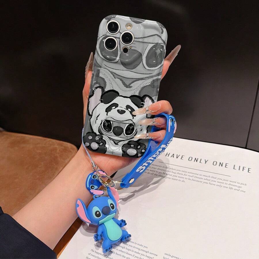 Disney Has Authorized, Phone Case - Chain Set, The Stitch Lilo & Stitch Phone Case Plus A Silicone 3D Or Fluffy Style Stitch Bracelet With Metallic Ring Removable Bracelet, Stitch And Angel Pattern, Compatible With Iphone 17/16/15/14/13/12/11/XS/XR/X Plus Pro Max, Wavy Design Phone Case For Girl, A Stylish Cartoon Summer Phone Case, The Perfect Gift Choice, Phone Protection, Durable Phone Cover, Great Gift For Friends And Family - 白色款式A - 查看 1