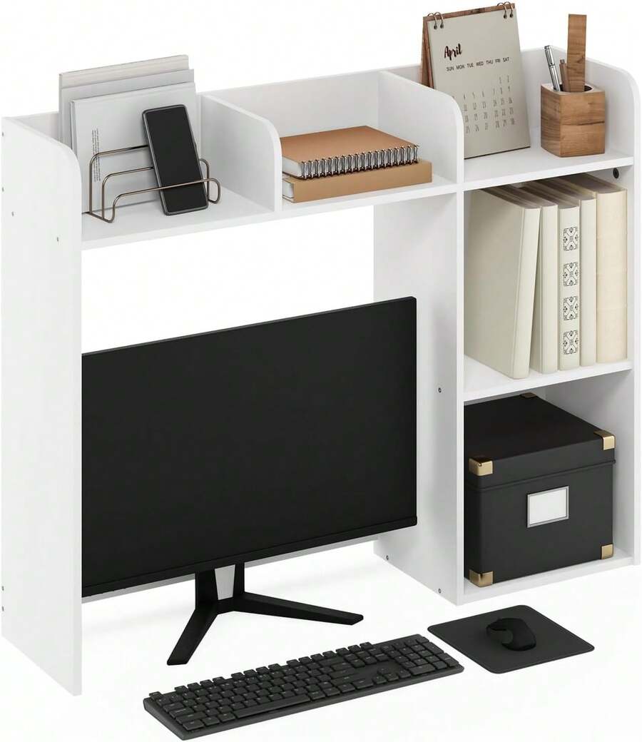 Classic Desk Shelf, 5-Shelf Desktop Hutch, Book Shelf, 3-Tier Desk Organzier, For Office Supplies, Office Desk Accessories, For Home Office, College, Dorm, White - White - View 1