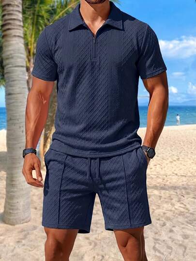 2pcs Men's Navy Blue Short Sleeve Polo Shirt And Drawstring Shorts Set, Featuring Diamond Texture Zipper Polo Shirt And Elastic Waist Shorts, Breathable And Smooth Jacquard Fabric, Beach Vacation Style, Ideal For Summer Outings