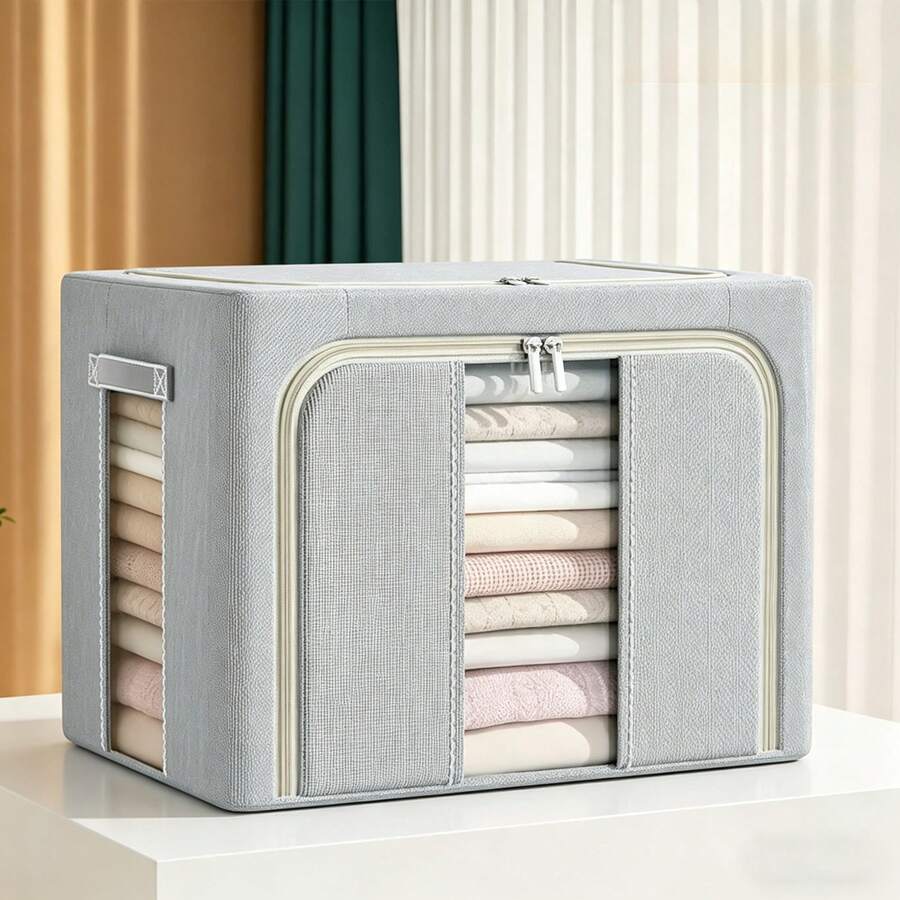 1 Pc 24L/66L Large Capacity Clothes Storage Box, Minimalist Oxford Cloth Foldable Wardrobe Organizer Basket. Space-Saving Fabric Storage Bin For Blankets, Clothes And Seasonal Garments. Multi-Functional Household Organizer Ideal For Bedroom, Closet And Home Decoration, All-Season Essential Home Storage Solution - Grey - View 1