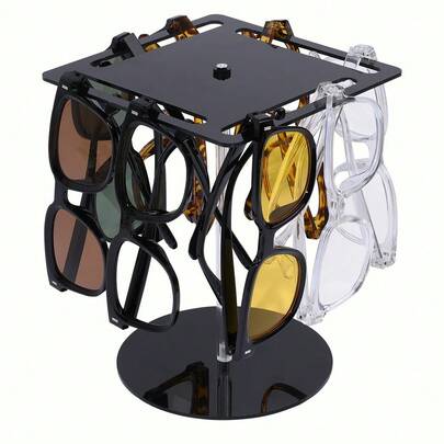 1pc Black Square Glasses Display Stand, Acrylic Fashion Glasses Storage Rack, 360° Rotatable Detachable Desktop Fashion Glasses Organizer,For Bedroom, Vanity, Office Desk, And Entryway Decor Storage