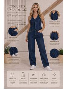 Premium Pinstripe Denim Vest And Pants Set - Dark Wash - View 3