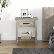 Juego de 2 mesitas de noche modernas – Mesas auxiliares de madera con cajón, estante abierto de 2 niveles – Mesita de noche cuadrada para dormitorio, sala de estar, dormitorio o oficina – Blanco y gris - Conjunto de dos piezas - Ver 7