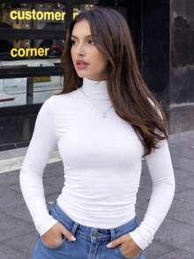 Women's Long Sleeve Turtleneck Blouse With Ribbed Knit Detail - Basic Style - White - View 4