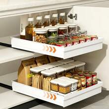 Sliding Storage Cabinet - Expandable Steel Storage Drawers, Nano Glue Strips For Fixation, Space-Saving, Adjustable, Durable, Easy Installation, Kitchen And Living Room Food Storage Rack With Sliding Track - White - View 2