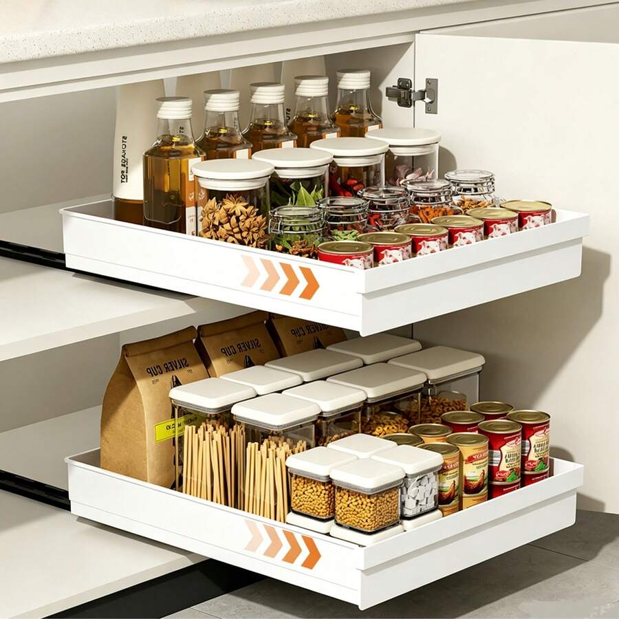 Sliding Storage Cabinet - Expandable Steel Storage Drawers, Nano Glue Strips For Fixation, Space-Saving, Adjustable, Durable, Easy Installation, Kitchen And Living Room Food Storage Rack With Sliding Track