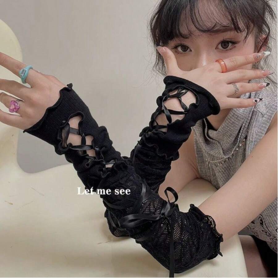White Lace Spaghetti Strap Tank Top, Lightweight Y2K Style Fashion Arm Sleeves, Lace Ballet Aesthetic, Dopamine Sweet Cool Girl Bandage Sleeve Covers, Outdoor Sun Protection - Long Black Dress With Lace Straps - View 1
