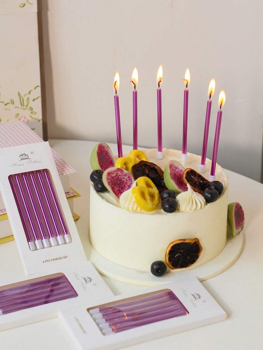 6 piezas Palo largo de cumpleaños pastel velas - Morado - Ver 1