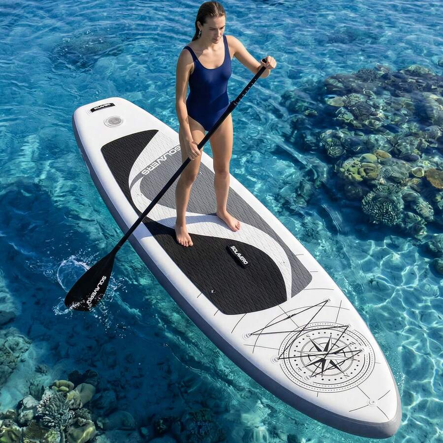 323/350cm Inflatable SUP Board With Accessories, 3 Removable Fins & Adjustable Paddle | Non-Slip Adult Paddle Board In Various Designs For All Water Activities - 黑與白 - 查看 1