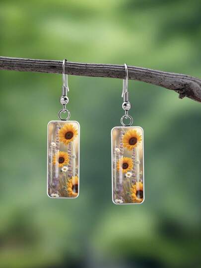 1 Pair Vintage Floral Sunflower Print Earrings With 316 Stainless Steel Hooks, Retro Minimalist Style Suitable For Women's Daily Wear And Gifts, Elegant Simple Design Jewelry Earrings Suitable For Women's Daily And Holiday Wear
