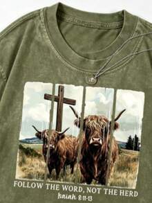 Summer Clothes Women, Washed Cotton Women's T-Shirt, Fun Christian Retro T-Shirt. Follow The Word Of God Instead Of Following The Crowd. Western Retro Bible Verse Highland Cow, Autumn T-Shirt, Comfortable And  Street Style, Casual Street Style T-Shirt, Local Warehouse. Loose And Comfortable Summer Tops - màu xanh lá - Xem 3
