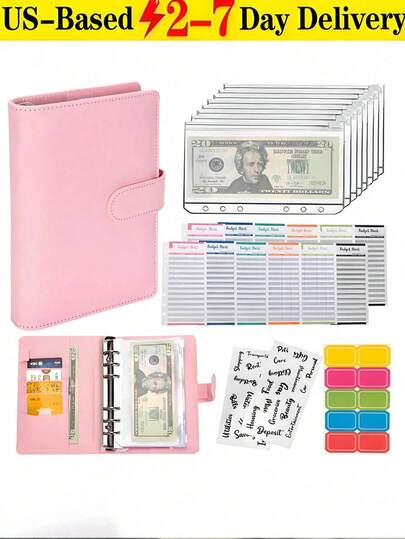 [Delivery Within 2-7 Days In The United States] A6 Pink PU Leather Budget Binder With Cash Envelopes And Stickers Waterproof Zipper Money Organizer For Women And Teens Modern Aesthetic Cash Stuffing Binder For Daily Expense Saving Financial Planner Office & School Supplies Local Delivery Quick Ship