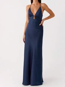 Women's Satin V Neck Bodycon Cami Dress Sleeveless Backless Cocktail Party Wedding Guest Long Maxi Dresses - 藏蓝色 - 查看 2
