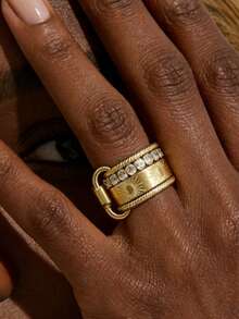rundraw 1pc New Geometric Paperclip & Zirconia Layered Adjustable Copper Gold Color Ring, Elegant Fashion Accessory Suitable For Party, Daily Outfit - Gold - View 2
