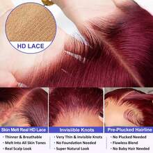 200% Density 99j Burgundy Color Long Body Wave Human Frontal Hair 13X4 Invisible HD Full Lace Frontal Wigs For Women Pre Plucked Large Area Lace Front Wig Super Soft Daily Party Wigs Blended Hair Natural Hairline - SBUG - View 8