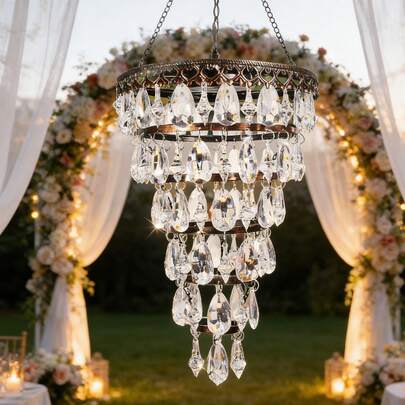HUYIENO Solar Hanging Chandelier 6-Tier Crystal Outdoor Hanging Lantern With Warm LED Lights & 5ft Strip Waterproof For Garden, Patio, Gazebo, Wedding, Party Decoration