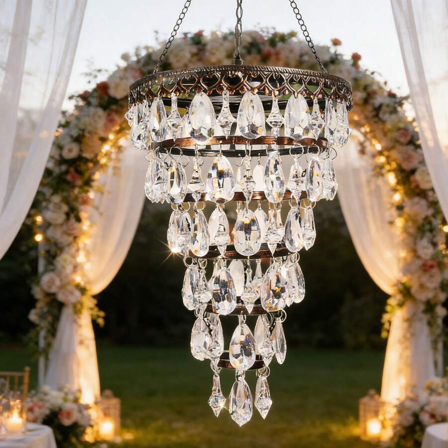 HUYIENO Solar Hanging Chandelier 6-Tier Crystal Outdoor Hanging Lantern With Warm LED Lights & 5ft Strip Waterproof For Garden, Patio, Gazebo, Wedding, Party Decoration
