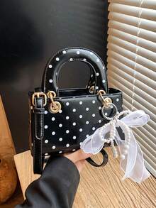 1pc Design New Women's Elegant Handbag, Shoulder Bag, Satchel Bag, Solid Color With Polka Dot Elements, Versatile, Comes With Personalized Lace Pearl Decor, Suitable For Outings, Shopping, Dates, Gifts - Black - View 2