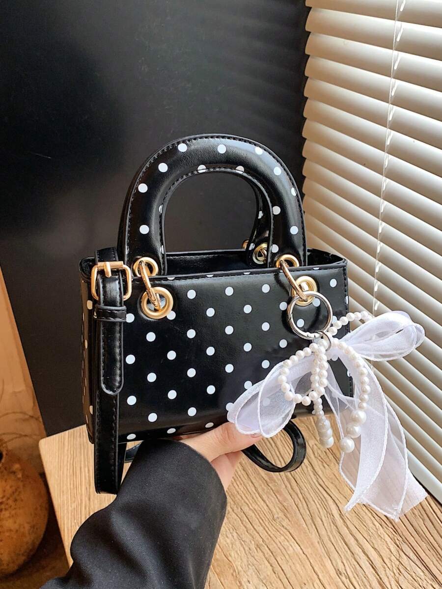 1pc Design New Women's Elegant Handbag, Shoulder Bag, Satchel Bag, Solid Color With Polka Dot Elements, Versatile, Comes With Personalized Lace Pearl Decor, Suitable For Outings, Shopping, Dates, Gifts