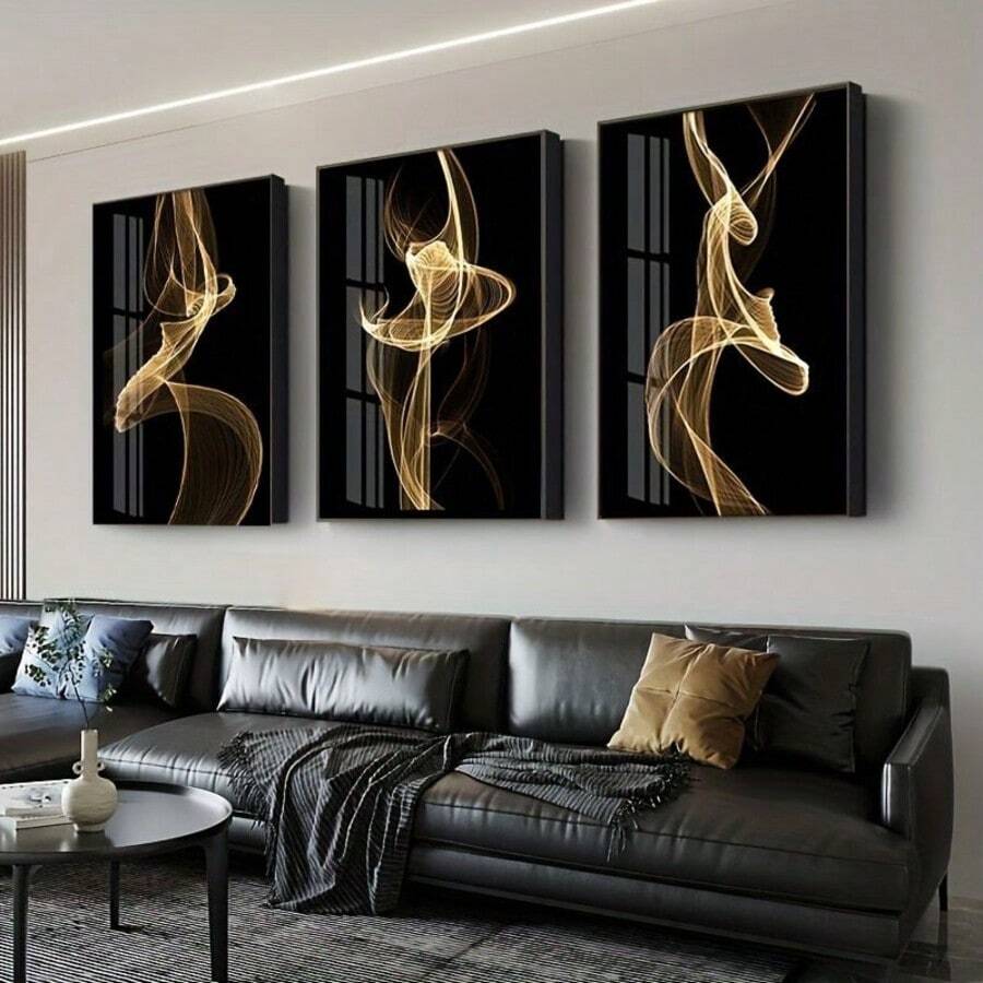3pcs Unframed Nordic Style Golden Stripe Oil Painting Wall Art Decor, Suitable For Bedroom, Living Room, Sofa Background, Ideal Gift - A - View 1