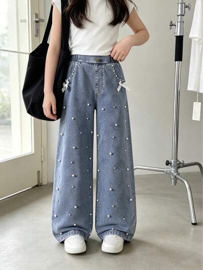 Tween Girls' Summer Fashion New Butterfly Decor Sweet Girl Style Heavily Beaded Blue Wide-Leg Jeans, Versatile Casual Pants