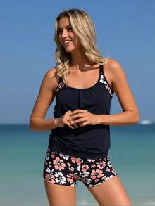 Women's Tankini Swimsuit Set, Two-Piece Tummy Control Design With Blouson Top And Matching Shorts - 14 - View 4