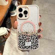 Funda para teléfono: 1 funda magnética de moda con estampado de leopardo y brillo para iPhone, compatible con iPhone 11/12/13/14/15/16E/17 Pro Max/Plus/Air, funda transparente suave a prueba de caídas con cobertura total y carga inalámbrica magnética MagSafe, diseño creativo y moderno para mujeres. - Rosa - Ver 3