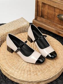 4.5cm Retro Women's Mid-High Heels, Single Buckle Patent Leather Square Toe Mary Jane Shoes, Non-Slip Durable Comfortable Commuting Shoes - White - View 5