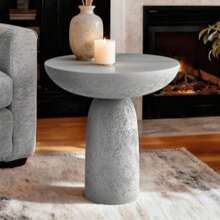 18.5'' Tall Pedestal Side Table, Modern Round Shape For Home Decor, Stone-Inspired With  Design, Beige Tall Sofa Side Table For Living Room Or Patio - 淺灰色 - 查看 1