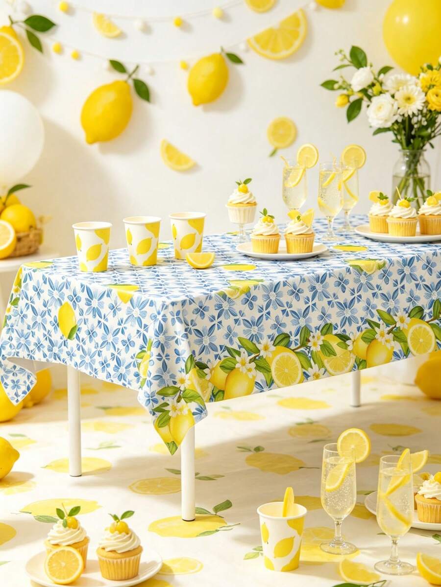 1pc Lemon Theme Tablecloth, Yellow Blue Lemon Floral Disposable Table Cover, Italian Theme Decor Table Cloth, Mediterranean Blue Summer Home Kitchen Dining Table Decor, Summer Party Decoraion, Summer Gifts, Wedding Decoration, Bridal Shower Party Supplies, Outdoor Camping Picnic Decoration Table Runner, Babe Shower Decoration, Room Decoration Table Flag, Home Decoration Table Skirt, Party Favor