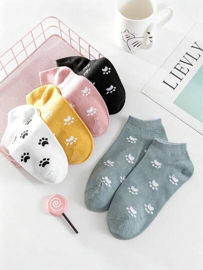 5双装女士可爱猫爪印花短袜，彩色低帮休闲隐形袜，适合日常穿着，均码