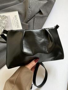 时尚纯色单肩包，百搭女士单肩包，褶皱云朵设计，春夏新款，购物袋，优雅休闲居家通勤包。 - 黑色 - 查看 4