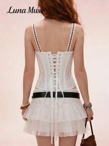 Lunamus Nuevo top de verano/primavera de mujer con encaje blanco vintage y parches de encaje rojo con cordones, top corset con boning estilo victoriano, top camiseta sexy llamativo Y2K, top crop elegante y ajustado de alta gama. Adecuado para: diario, casual, fiesta, vacaciones, cita, calle, actuación, al aire libre, vuelta al cole, estilo ballet, romántico francés, Acción de Gracias, festival de música, San Valentín, Año Nuevo, fiesta - Blanco - Ver 5
