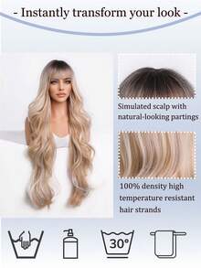 26英寸渐变金色长波浪假发，带刘海，无胶合成假发，自然逼真，耐热，适合日常派对 - 漸變金色 - 查看 6