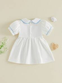 Vestido de verano para niña con cuello de muñeca bordado en cruz y mangas cortas estilo princesa corte A. - Blanco - Ver 2