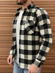 Men's Flannel Plaid Shirt With Pockets, Long Sleeves - 黑與白 - 查看 3
