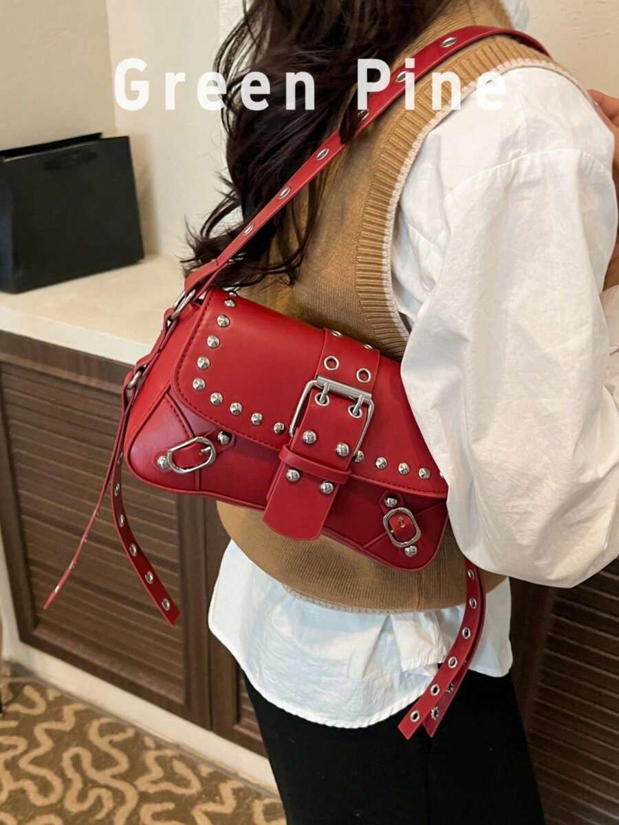 Y2K 時尚復古龐克風鉚釘小方包 女款單肩腋下包