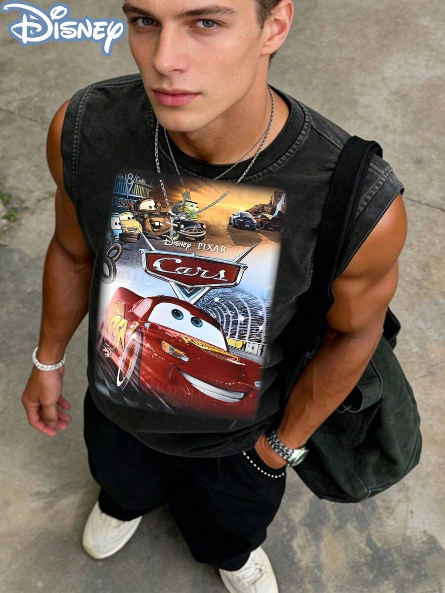 Disney Cars Movie Collage Officially Licensed Men's Sleeveless Graphic Tee, 100% Cotton 230g Washed Vintage Casual Shirt - 黑色 - 查看 1