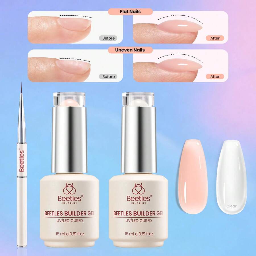 Beetles Builder Gel For Nails-Cover Nude Translucent 8 In 1 Nail Thickening Strengthening Building Apex - 2pcs 15ml Clear & Jelly Nude - View 1
