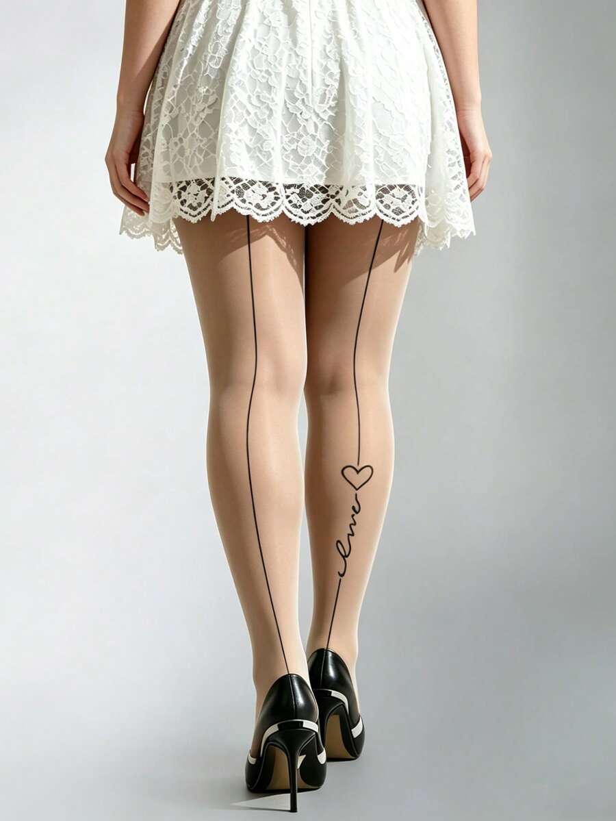 1 Pair Heart Print Tights Sexy Cute Fashionable Style For Daily Date Spring Fall Party - Multicolor - View 1