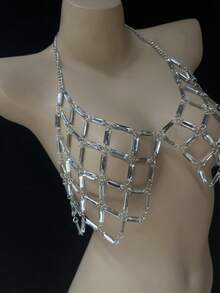 ZHENGHEN Rhinestone Embellished Silver Rectangular Harness Body Chain, Shimmering Mesh Crystal Festival Party Body Jewelry Top - Silver - View 6