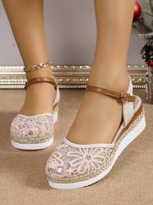 2026 Spring/Autumn New Rope Woven Fisherman Sandals For Women, Plus Size Closed Toe Wedge Heel Slip-On Sandals - Beige - View 2