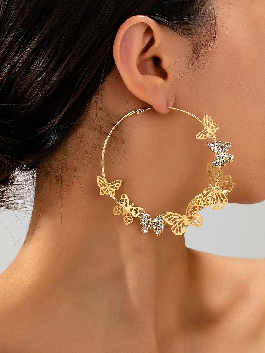 Butterfly Decor Hoop Earrings - Yellow Gold - View 1